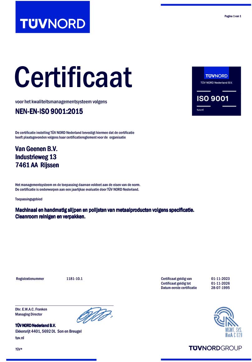 ISO 9001 certificaat Van Geenen